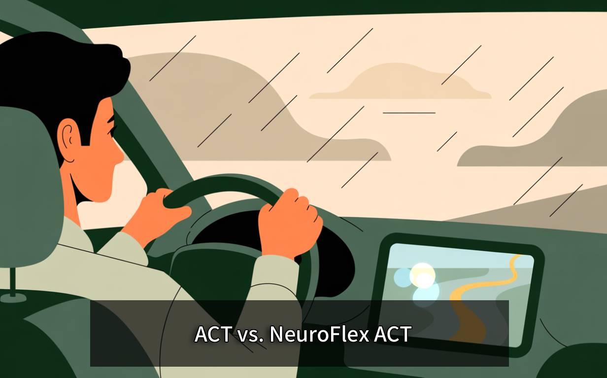 אדם נוהג ברכב דרך סערה בעזרת GPS, מטאפורה ליישום ACT ו-NeuroFlex ACT לוויסות והתמודדות בזמן לחץ